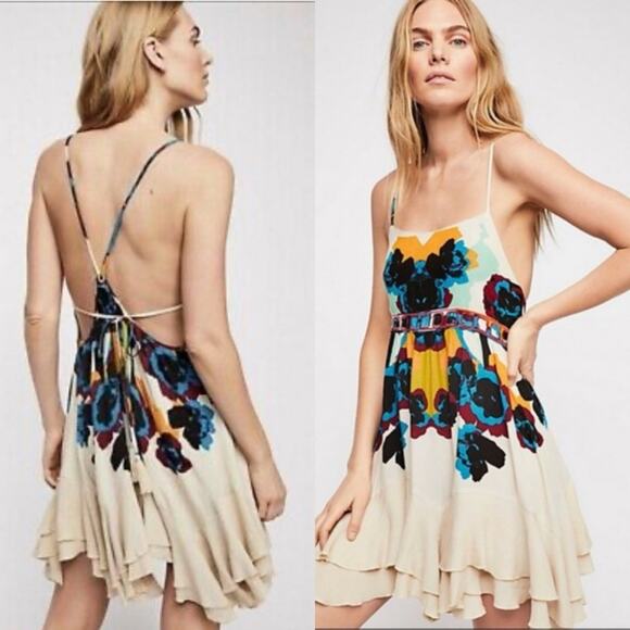 FREE PEOPLE SWEET LUCY SLIP DRESS MAGNOLIA TAN AND PINK SUN DRESS XS - Picture 1 of 9
